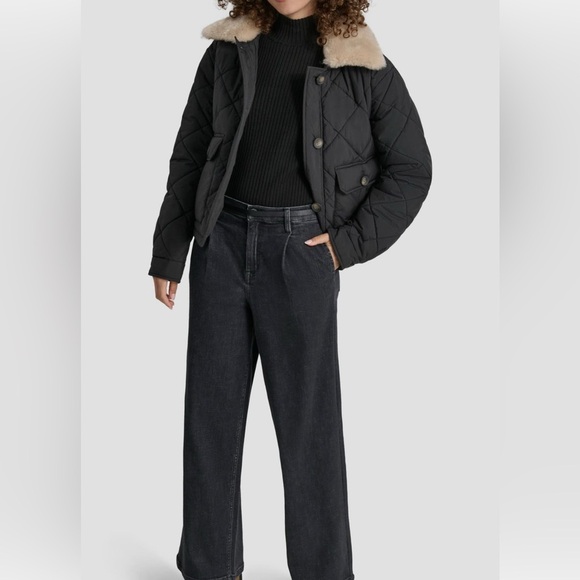 DKNY crop culted black Jacket with Faux Fur Trim/size L - Picture 5 of 7